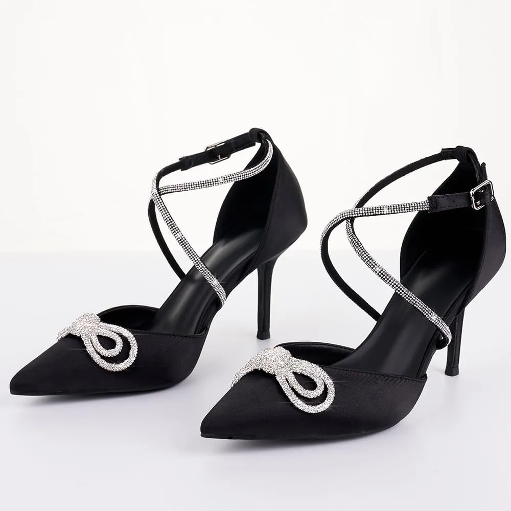 Women's Rhinstones Bow Heels Closed Toe Strappy Pumps Crisscross Kitten Sandals Wedding Bridal Party Dress Shoes