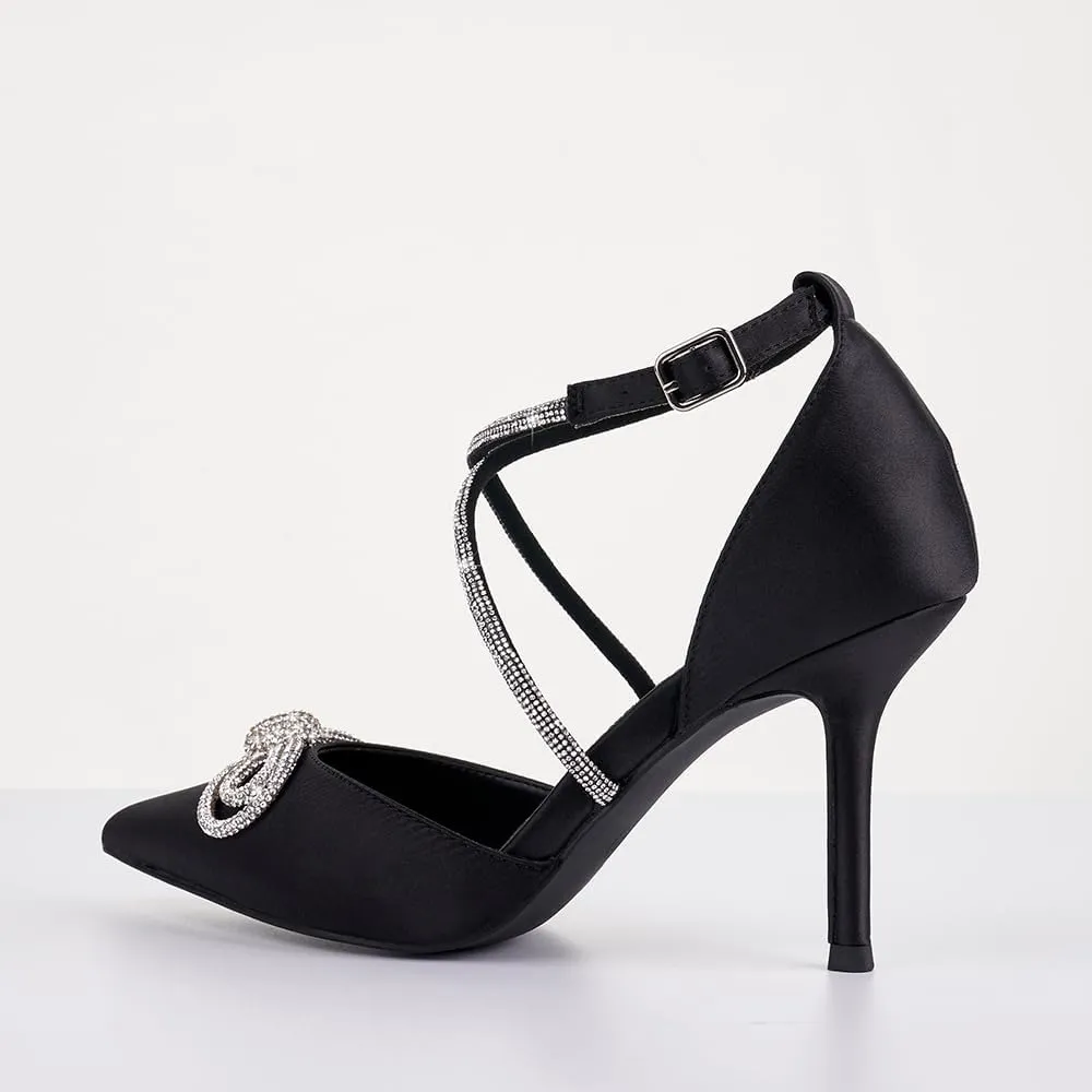 Women's Rhinstones Bow Heels Closed Toe Strappy Pumps Crisscross Kitten Sandals Wedding Bridal Party Dress Shoes