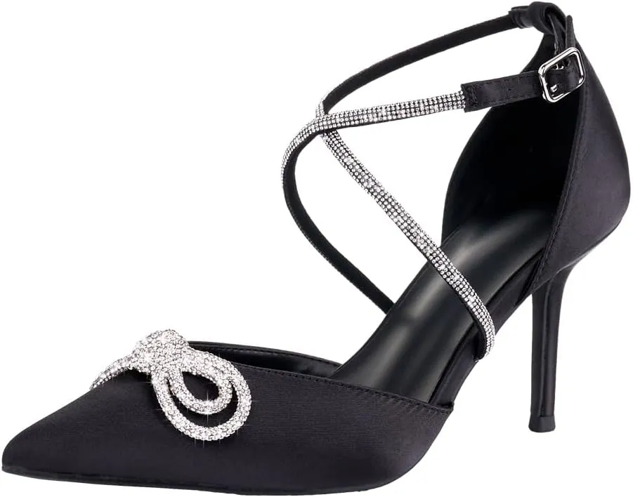 Women's Rhinstones Bow Heels Closed Toe Strappy Pumps Crisscross Kitten Sandals Wedding Bridal Party Dress Shoes
