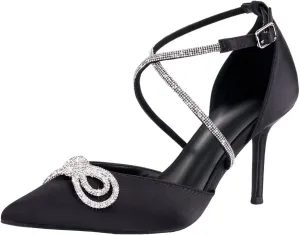 Women's Rhinstones Bow Heels Closed Toe Strappy Pumps Crisscross Kitten Sandals Wedding Bridal Party Dress Shoes