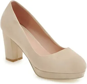 Women's Round Toe Platform Chunky High Block Heel Pumps Suede Slip-On Casual Work Office Dress Shoes