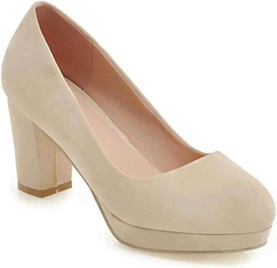 Women's Round Toe Platform Chunky High Block Heel Pumps Suede Slip-On Casual Work Office Dress Shoes