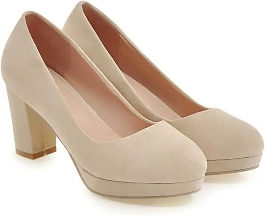 Women's Round Toe Platform Chunky High Block Heel Pumps Suede Slip-On Casual Work Office Dress Shoes