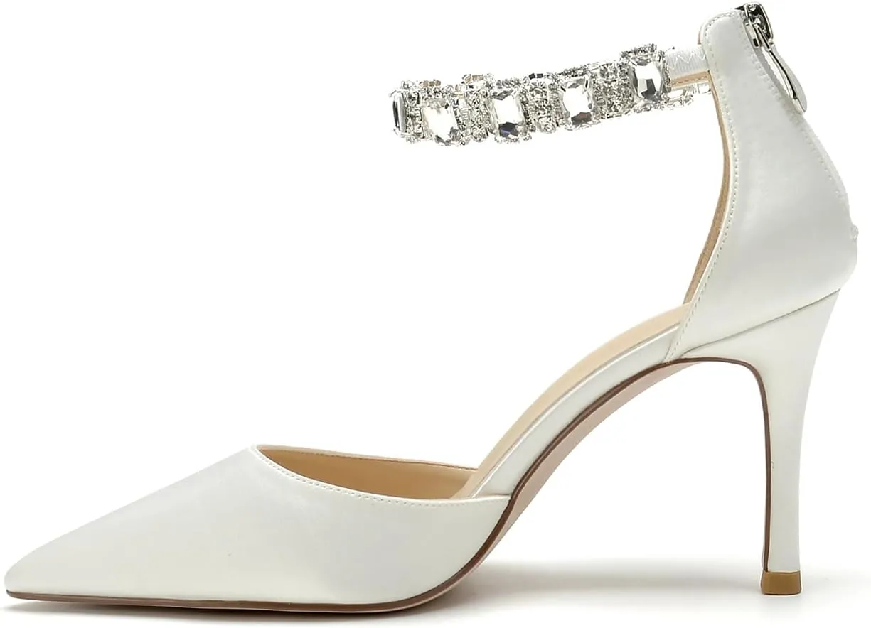 Women's Satin Closed Pointed Toe High Stilettos Crystal Ankle Strap Pump Shoes Wedding Bridal Party Dress Heeled Sandals