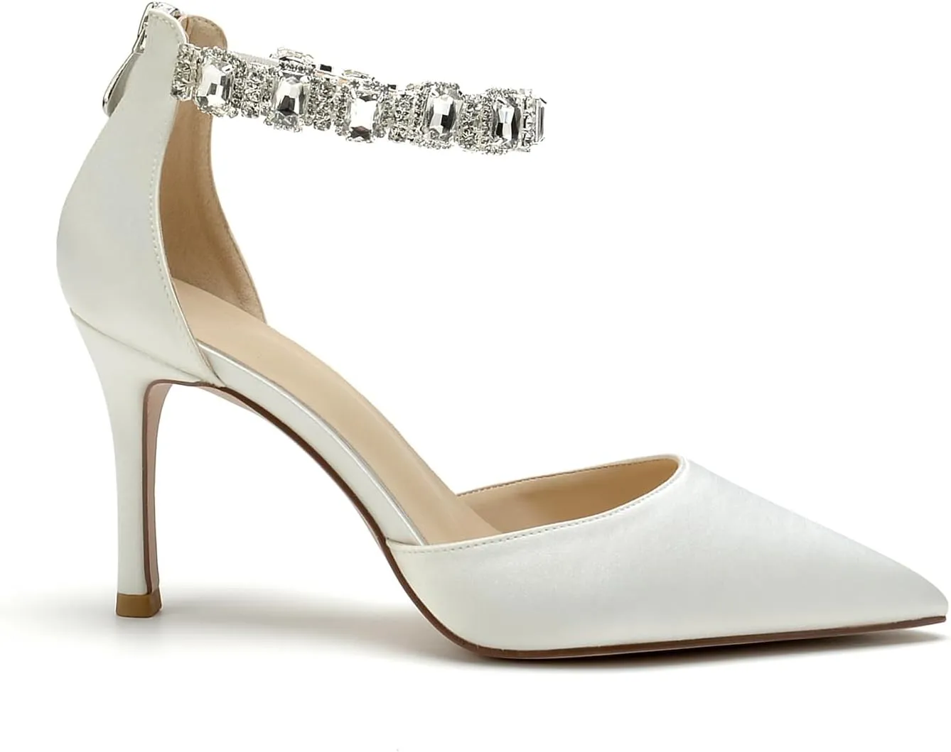 Women's Satin Closed Pointed Toe High Stilettos Crystal Ankle Strap Pump Shoes Wedding Bridal Party Dress Heeled Sandals