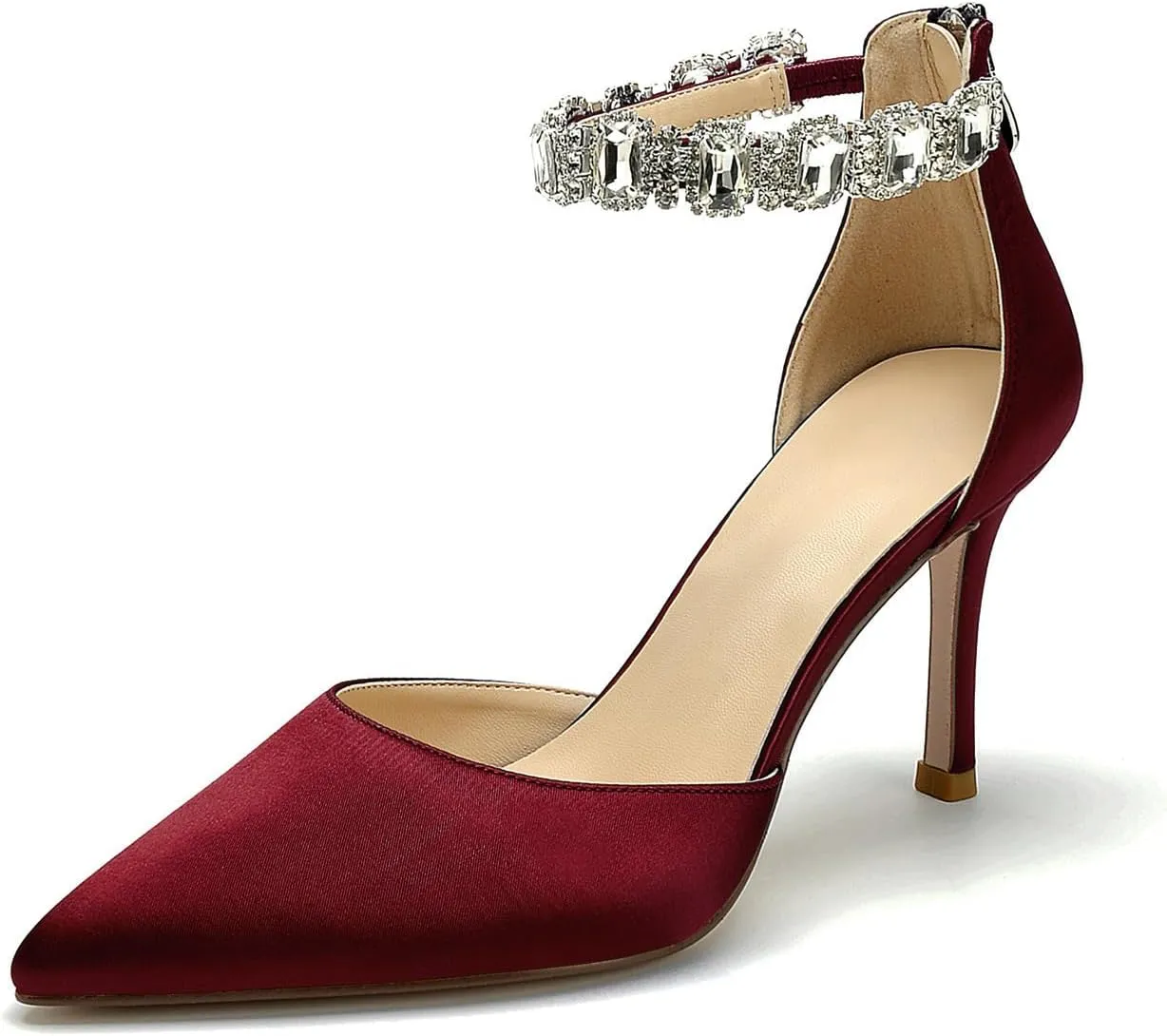 Women's Satin Closed Pointed Toe High Stilettos Crystal Ankle Strap Pump Shoes Wedding Bridal Party Dress Heeled Sandals