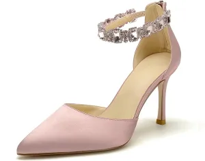 Women's Satin Closed Pointed Toe High Stilettos Crystal Ankle Strap Pump Shoes Wedding Bridal Party Dress Heeled Sandals