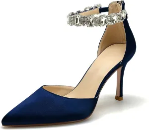 Women's Satin Closed Pointed Toe High Stilettos Crystal Ankle Strap Pump Shoes Wedding Bridal Party Dress Heeled Sandals