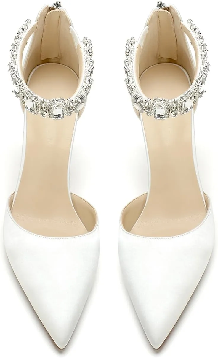 Women's Satin Closed Pointed Toe High Stilettos Crystal Ankle Strap Pump Shoes Wedding Bridal Party Dress Heeled Sandals
