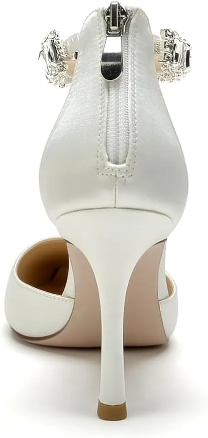 Women's Satin Closed Pointed Toe High Stilettos Crystal Ankle Strap Pump Shoes Wedding Bridal Party Dress Heeled Sandals