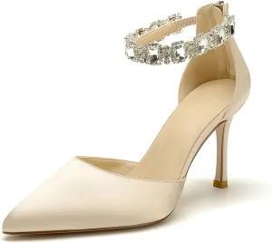 Women's Satin Closed Pointed Toe High Stilettos Crystal Ankle Strap Pump Shoes Wedding Bridal Party Dress Heeled Sandals