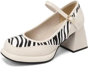 Womens Square Toe Platform Mary Jane Shoes High Chunky Heel Ankle Strap Striped Fashion Dress Pumps