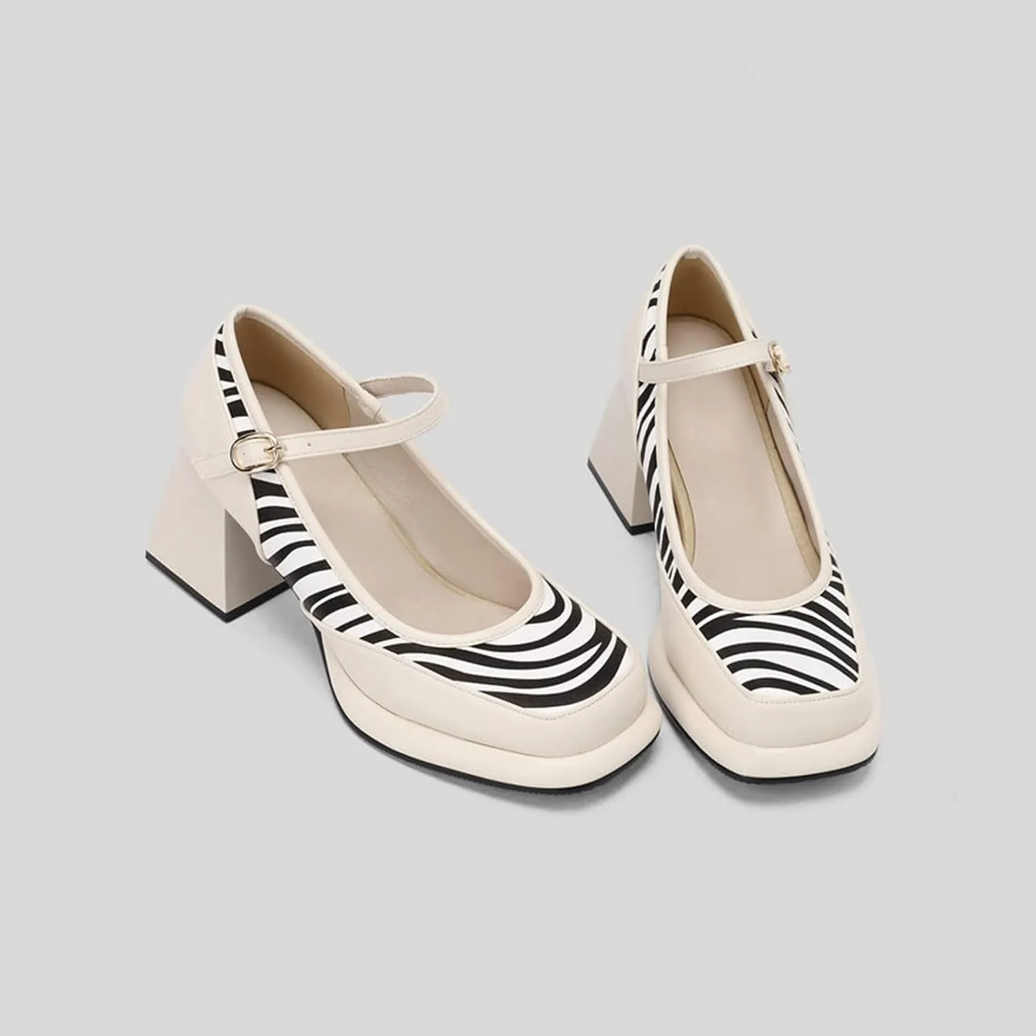 Womens Square Toe Platform Mary Jane Shoes High Chunky Heel Ankle Strap Striped Fashion Dress Pumps