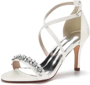 Womens Wedding Shoes Heels for Women Open Toe Buckle Ankle Strap Kitten Heels for Women Pump Block Sandals 3.34 inches Silver Black White Nude for Party Wedding(Ivory,8)