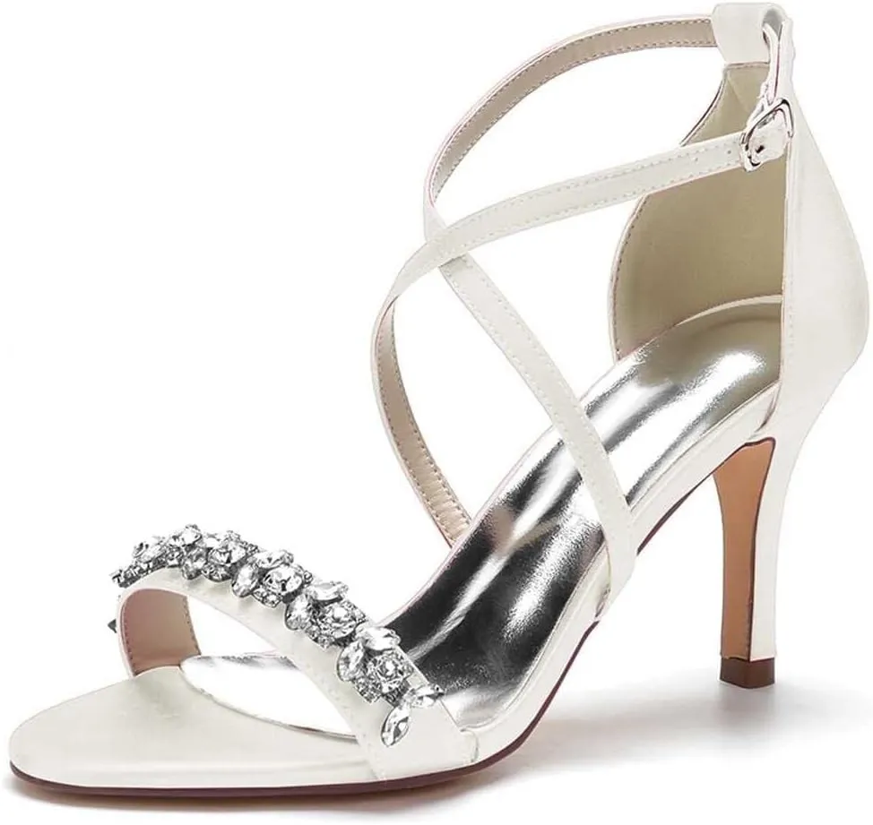 Womens Wedding Shoes Heels for Women Open Toe Buckle Ankle Strap Kitten Heels for Women Pump Block Sandals 3.34 inches Silver Black White Nude for Party Wedding(Ivory,8)
