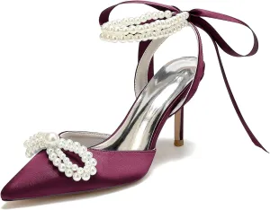 Women's Wedding Shoes Pearls Pointed Toe High Heels Ankle Strap Pumps Bridal Party Work Dress Shoes Sandals