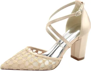 Womens Wedding Shoes Women's Pumps Bridal Shoes for The Bride Chunky Cross Strap Dress Shoes Satin Lace Block High(Champagne,6)