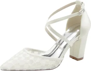 Womens Wedding Shoes Women's Pumps Bridal Shoes for The Bride Chunky Cross Strap Dress Shoes Satin Lace Block High(Ivory,6.5)