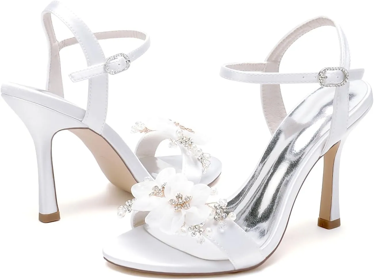 Women's White Wedding Shoes Satin High Heel Applique Pumps Heels Sandals with Ankle Strap