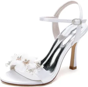 Women's White Wedding Shoes Satin High Heel Applique Pumps Heels Sandals with Ankle Strap