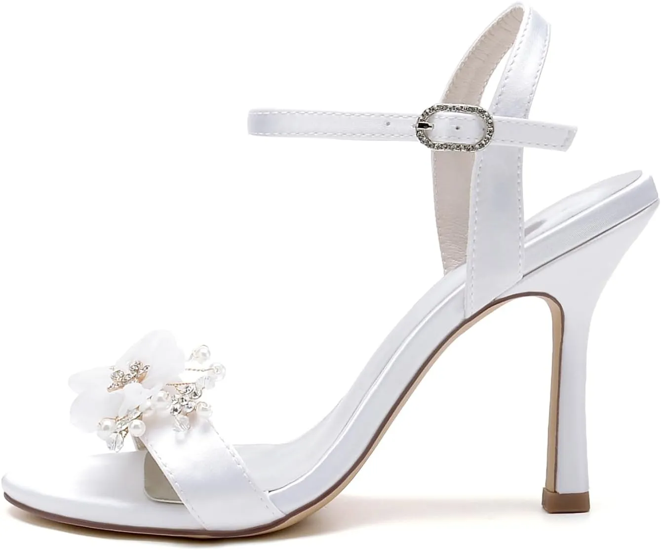 Women's White Wedding Shoes Satin High Heel Applique Pumps Heels Sandals with Ankle Strap