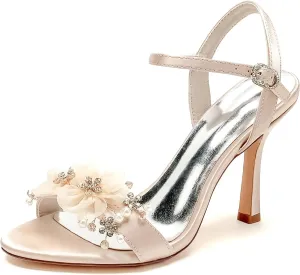 Women's White Wedding Shoes Satin High Heel Applique Pumps Heels Sandals with Ankle Strap