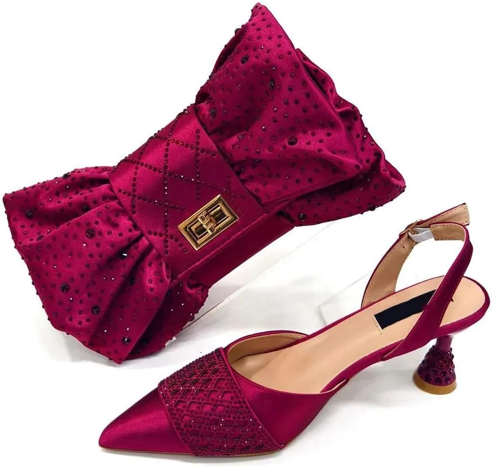 Women’S Wine Rhinestone High Heels and Matching Bag Set with Butterfly Knot Design for Special