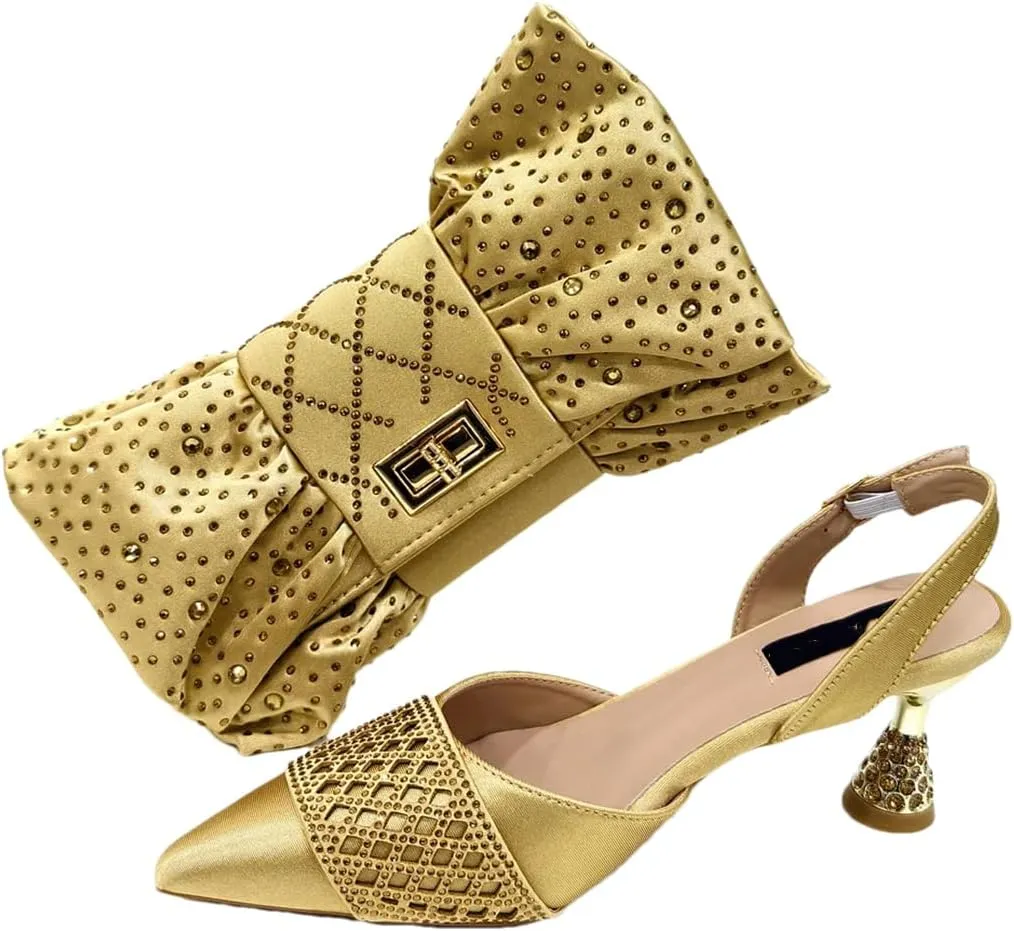 Women’S Wine Rhinestone High Heels and Matching Bag Set with Butterfly Knot Design for Special