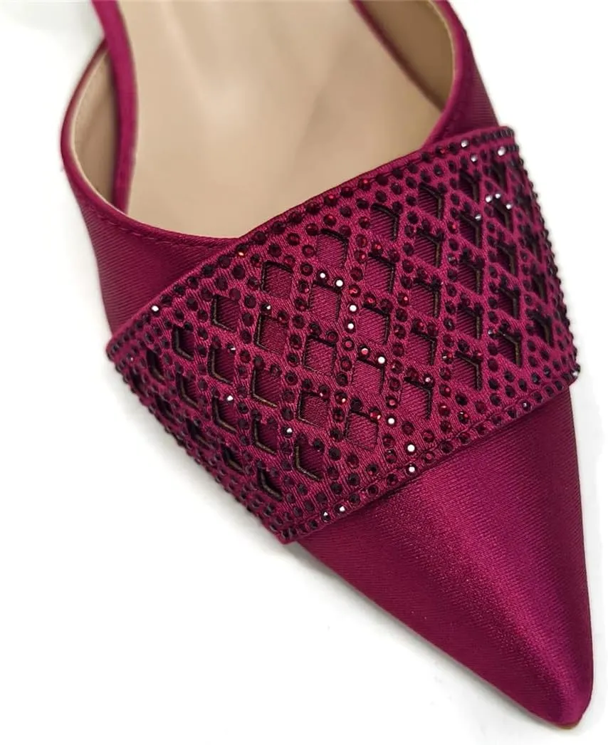 Women’S Wine Rhinestone High Heels and Matching Bag Set with Butterfly Knot Design for Special