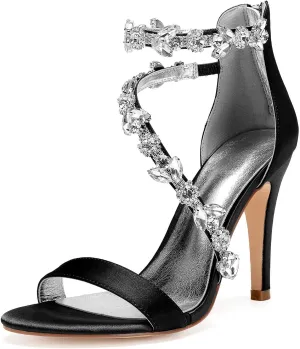 Women's Women's Open Toe Ankle Buckle Straps Pump Crystal Stiletto Sandals Heels Satin Wedding Bridal Shoes for Party Wedding