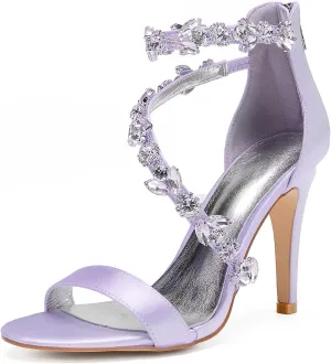 Women's Women's Open Toe Ankle Buckle Straps Pump Crystal Stiletto Sandals Heels Satin Wedding Bridal Shoes for Party Wedding