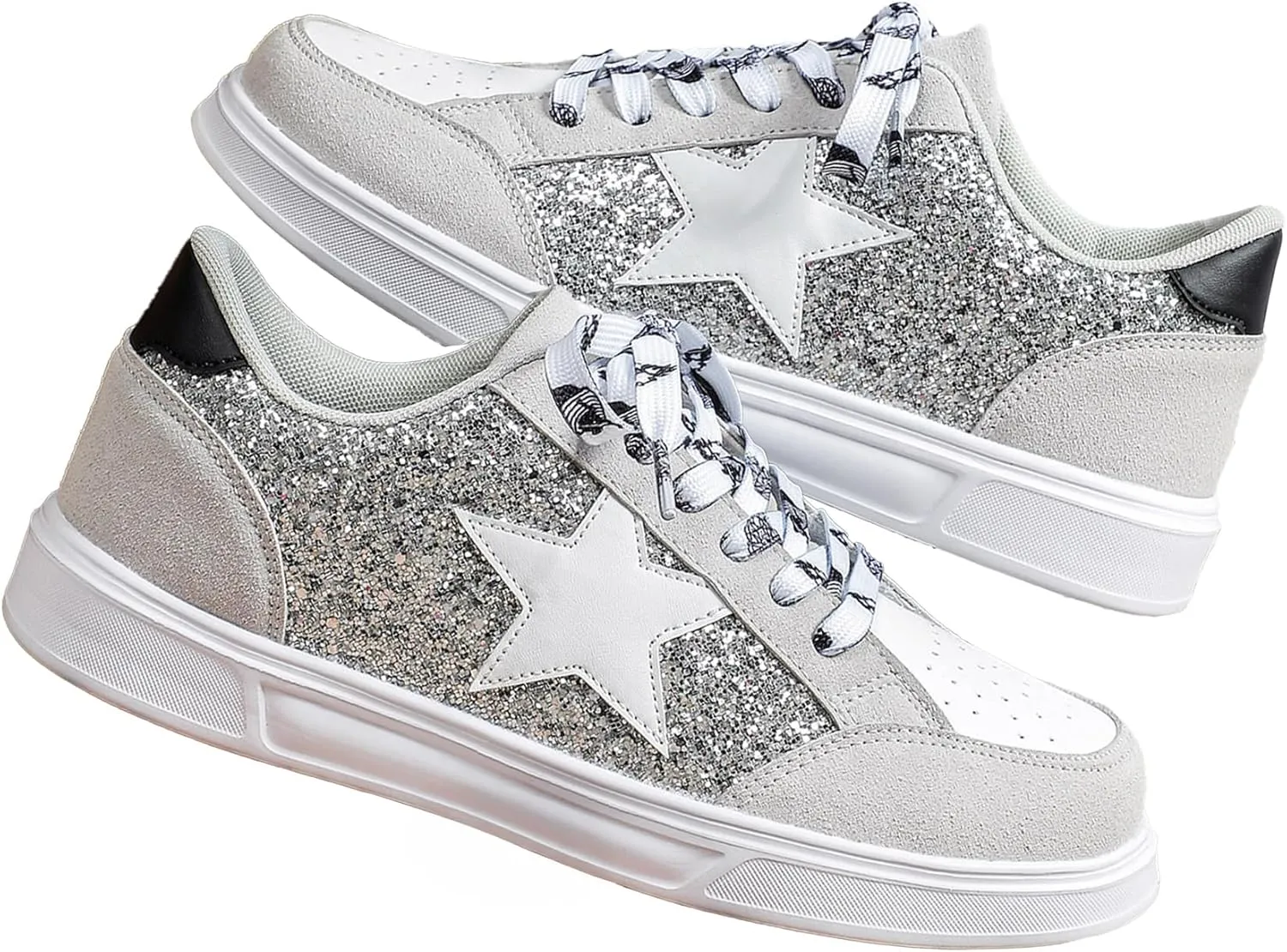 Women's Y2K Star Glitter Chunky Skate Shoes Retro Platform Sneakers, Shiny Outdoor Casual Shoes for Streetwear (Grey,7.5)