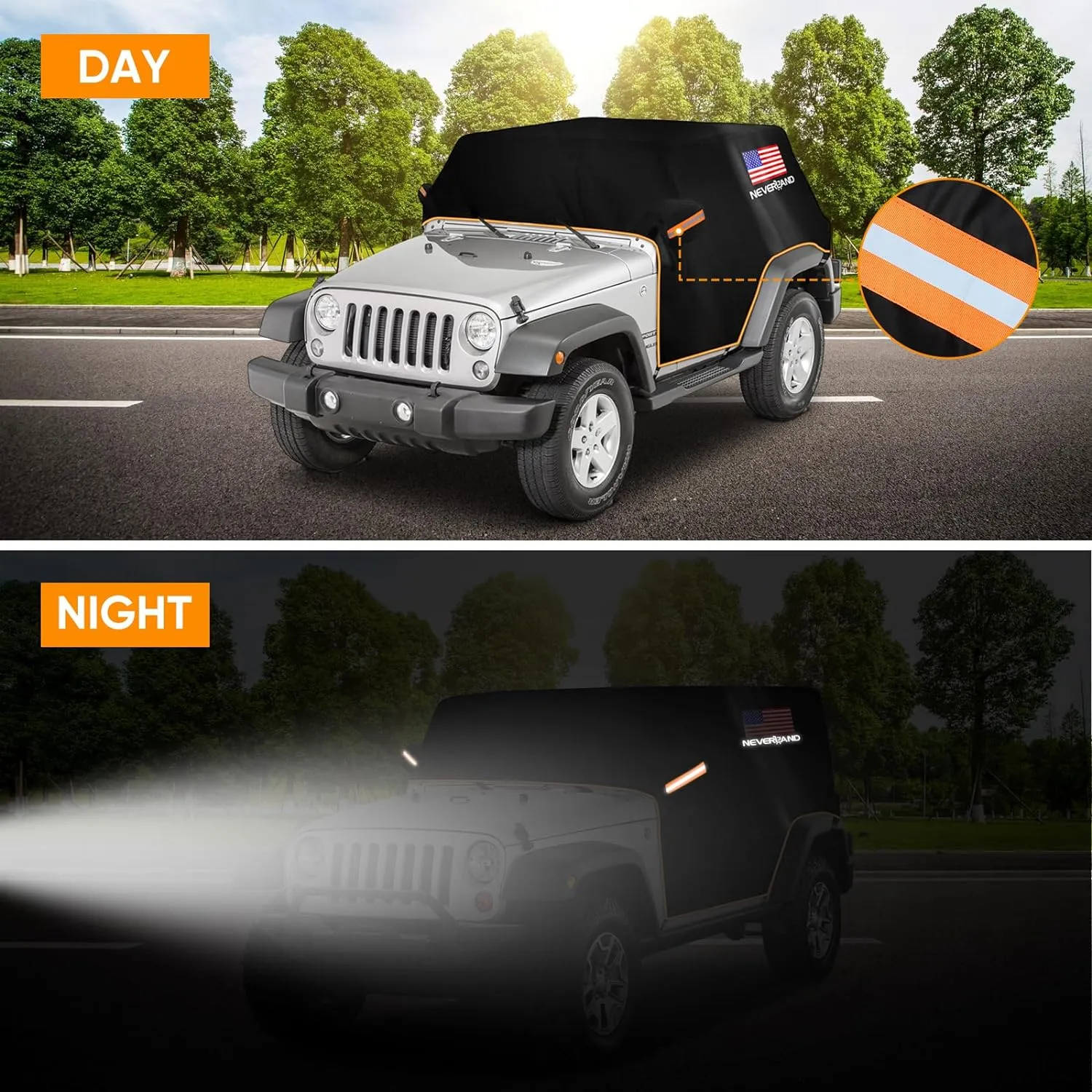 Wrangler Cab Cover for 1987-2025 Jeep Wrangler JK JL CJ TJ 2 Door,NEVERLAND Half Car Cover Waterproof Oxford with Reflective Strip,Sun Snowproof Cab Car Cover Black