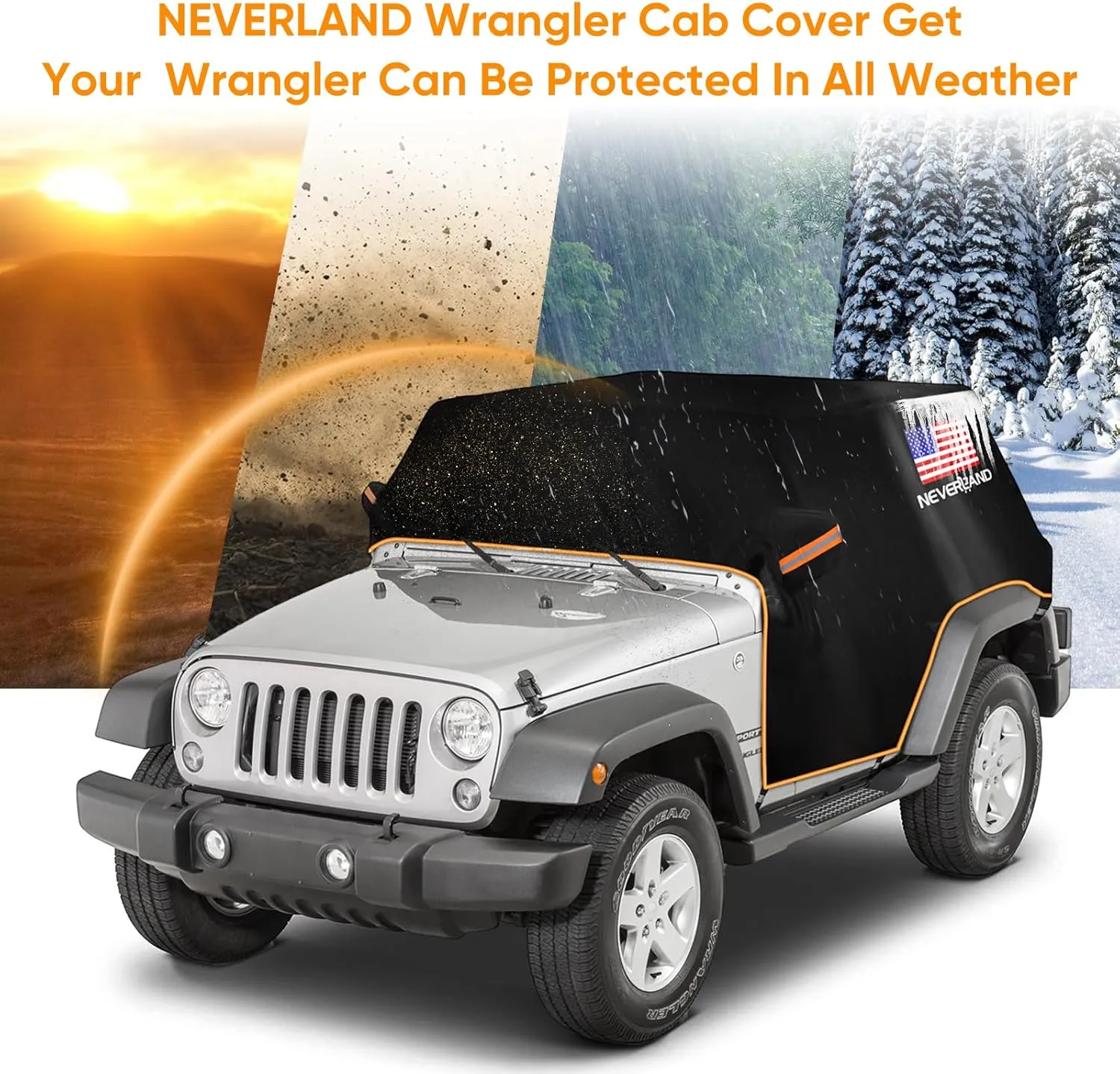 Wrangler Cab Cover for 1987-2025 Jeep Wrangler JK JL CJ TJ 2 Door,NEVERLAND Half Car Cover Waterproof Oxford with Reflective Strip,Sun Snowproof Cab Car Cover Black