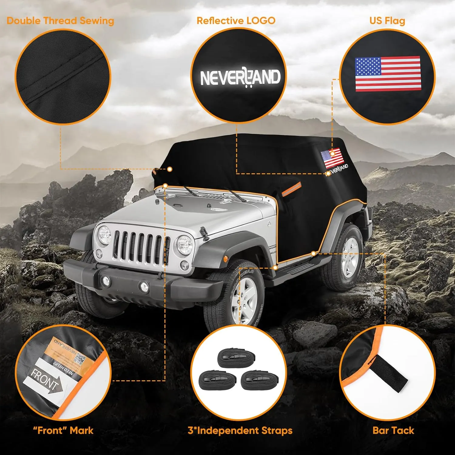 Wrangler Cab Cover for 1987-2025 Jeep Wrangler JK JL CJ TJ 2 Door,NEVERLAND Half Car Cover Waterproof Oxford with Reflective Strip,Sun Snowproof Cab Car Cover Black