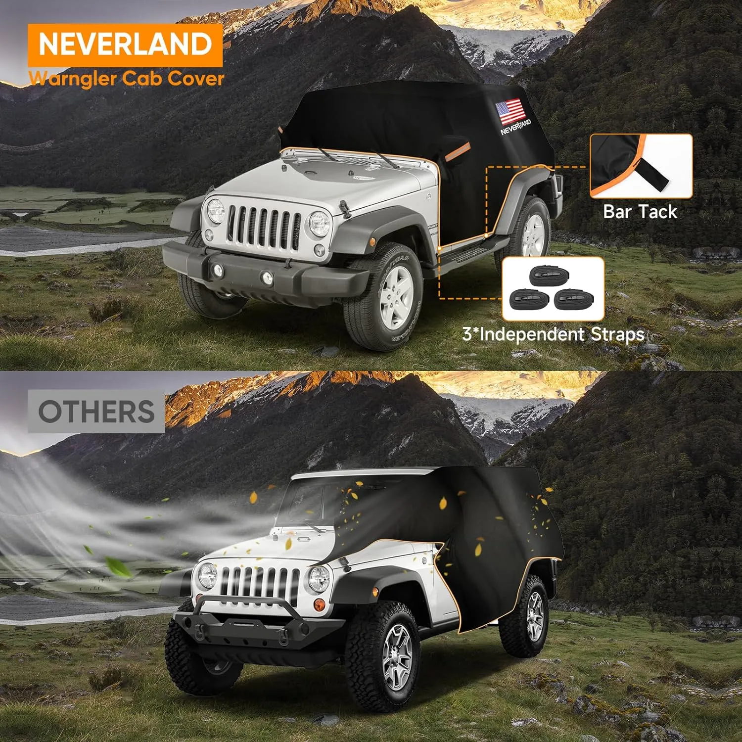 Wrangler Cab Cover for 1987-2025 Jeep Wrangler JK JL CJ TJ 2 Door,NEVERLAND Half Car Cover Waterproof Oxford with Reflective Strip,Sun Snowproof Cab Car Cover Black