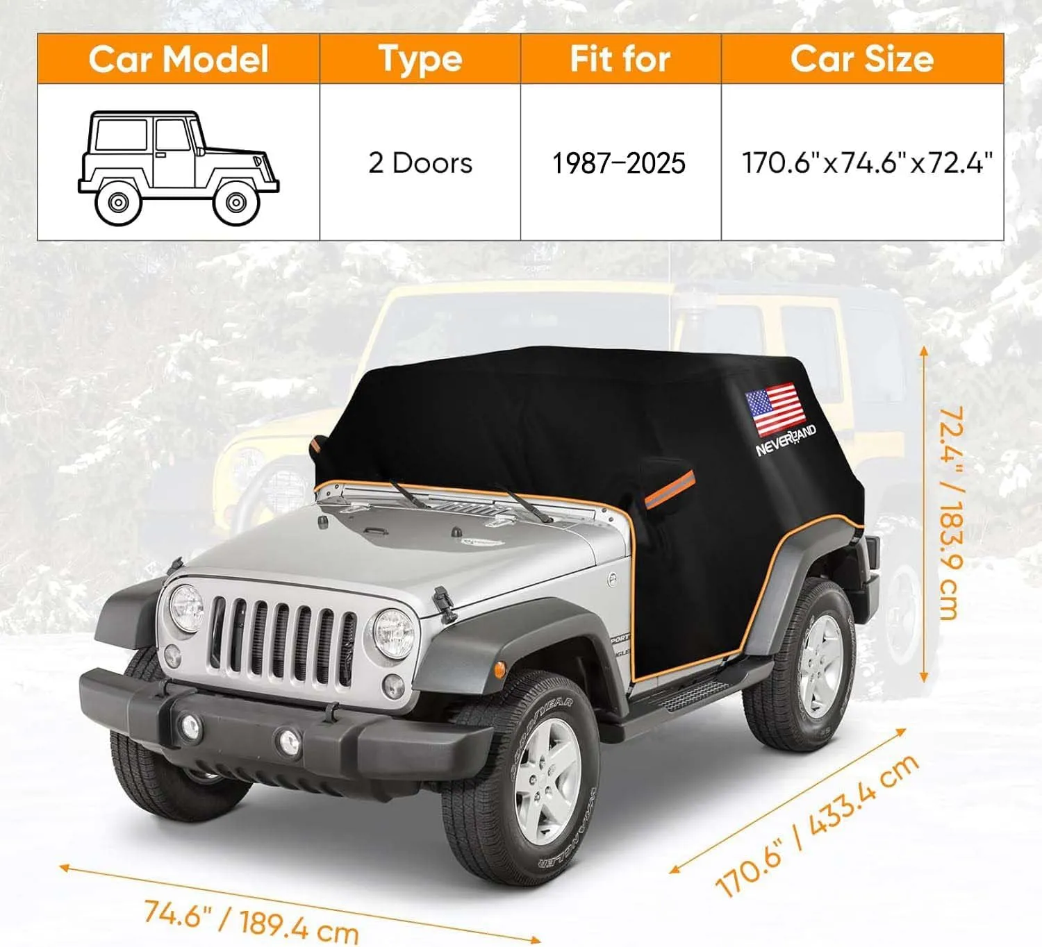 Wrangler Cab Cover for 1987-2025 Jeep Wrangler JK JL CJ TJ 2 Door,NEVERLAND Half Car Cover Waterproof Oxford with Reflective Strip,Sun Snowproof Cab Car Cover Black