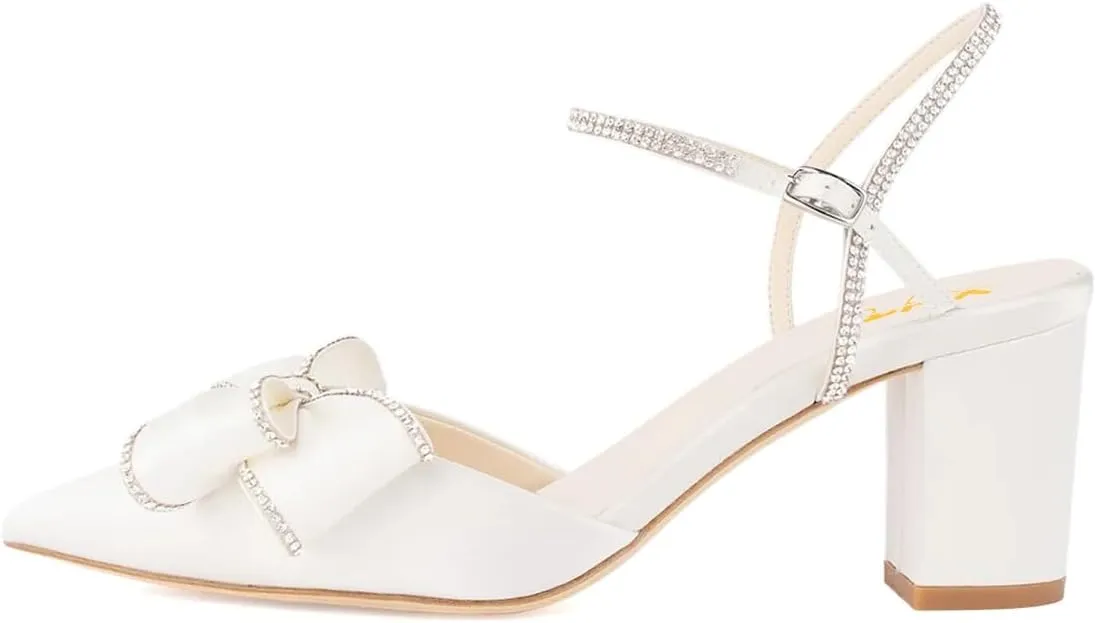 XYD Women Block Chunky Mid Heels Sparkling Ankle Strap Wedding Bowknot Pumps Pointed Toe Dress Shoes