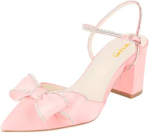 XYD Women Block Chunky Mid Heels Sparkling Ankle Strap Wedding Bowknot Pumps Pointed Toe Dress Shoes