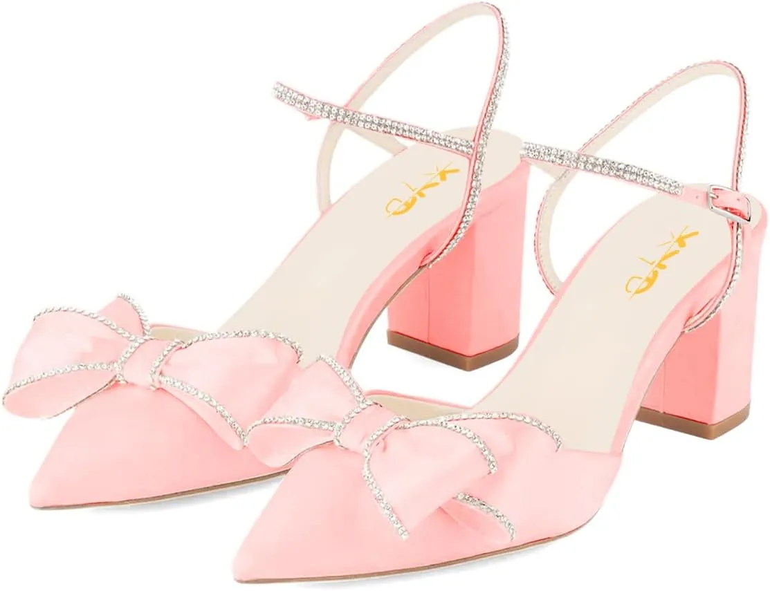 XYD Women Block Chunky Mid Heels Sparkling Ankle Strap Wedding Bowknot Pumps Pointed Toe Dress Shoes