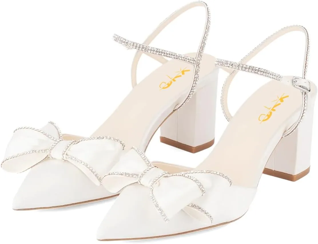 XYD Women Block Chunky Mid Heels Sparkling Ankle Strap Wedding Bowknot Pumps Pointed Toe Dress Shoes