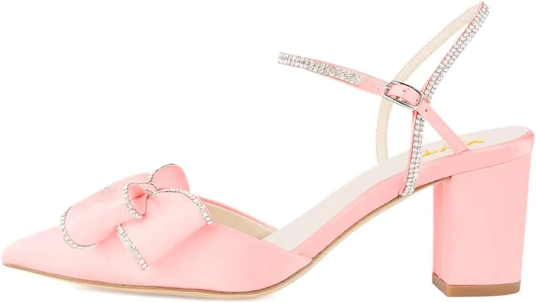 XYD Women Block Chunky Mid Heels Sparkling Ankle Strap Wedding Bowknot Pumps Pointed Toe Dress Shoes
