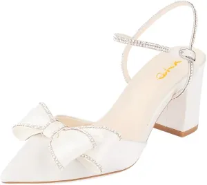 XYD Women Block Chunky Mid Heels Sparkling Ankle Strap Wedding Bowknot Pumps Pointed Toe Dress Shoes