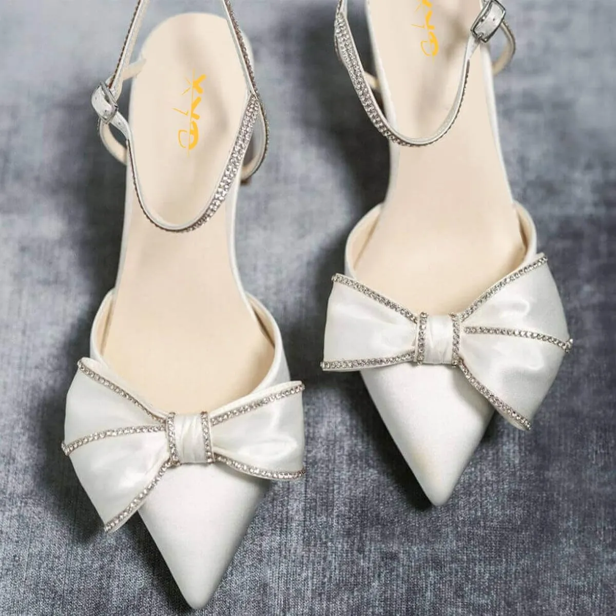 XYD Women Block Chunky Mid Heels Sparkling Ankle Strap Wedding Bowknot Pumps Pointed Toe Dress Shoes
