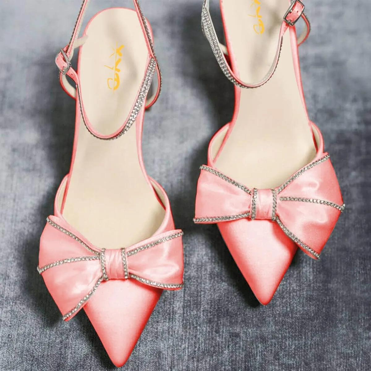 XYD Women Block Chunky Mid Heels Sparkling Ankle Strap Wedding Bowknot Pumps Pointed Toe Dress Shoes