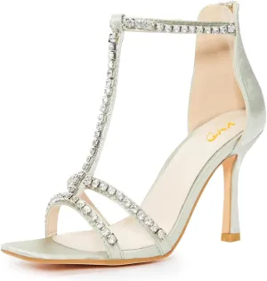 XYD Women Dazzled Rhinestones T-Bar Sandals Square Open Toe High Heels Back Zip Prom Wedding Pump Shoes