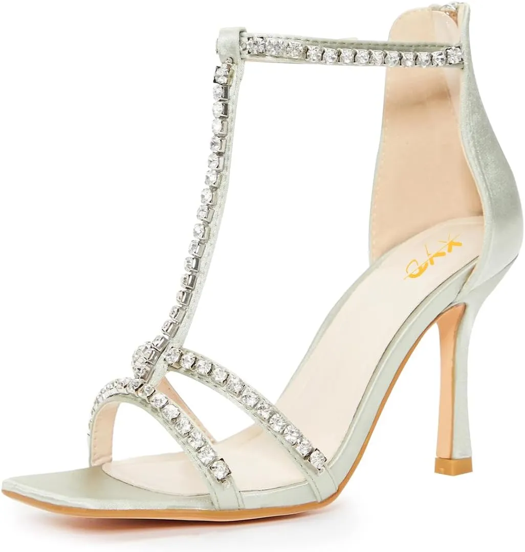 XYD Women Dazzled Rhinestones T-Bar Sandals Square Open Toe High Heels Back Zip Prom Wedding Pump Shoes