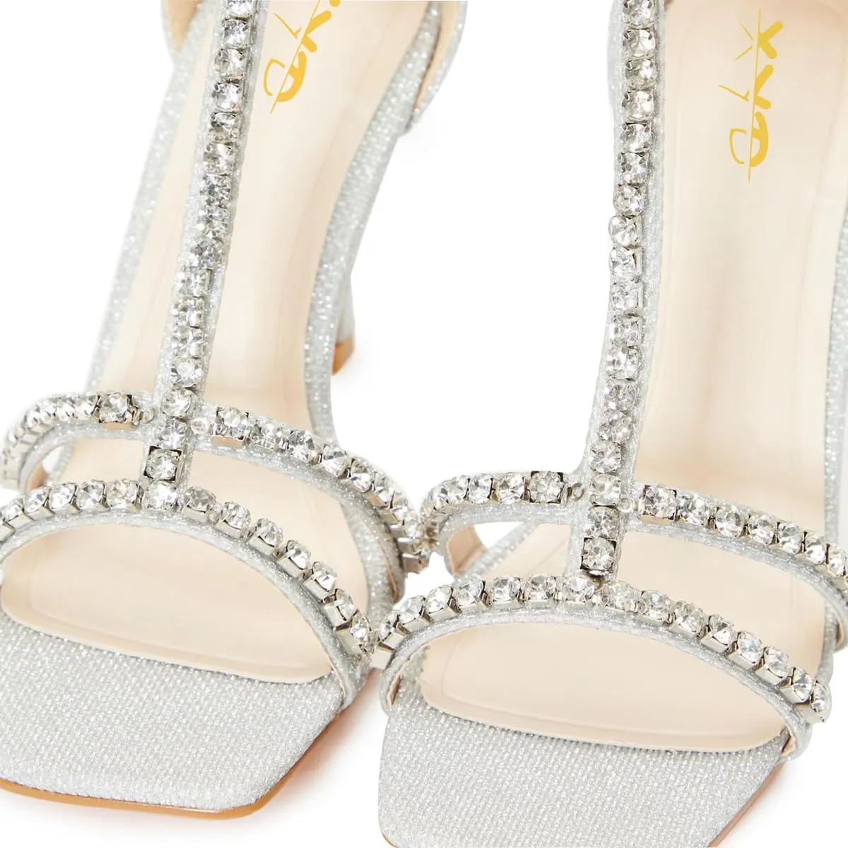 XYD Women Dazzled Rhinestones T-Bar Sandals Square Open Toe High Heels Back Zip Prom Wedding Pump Shoes