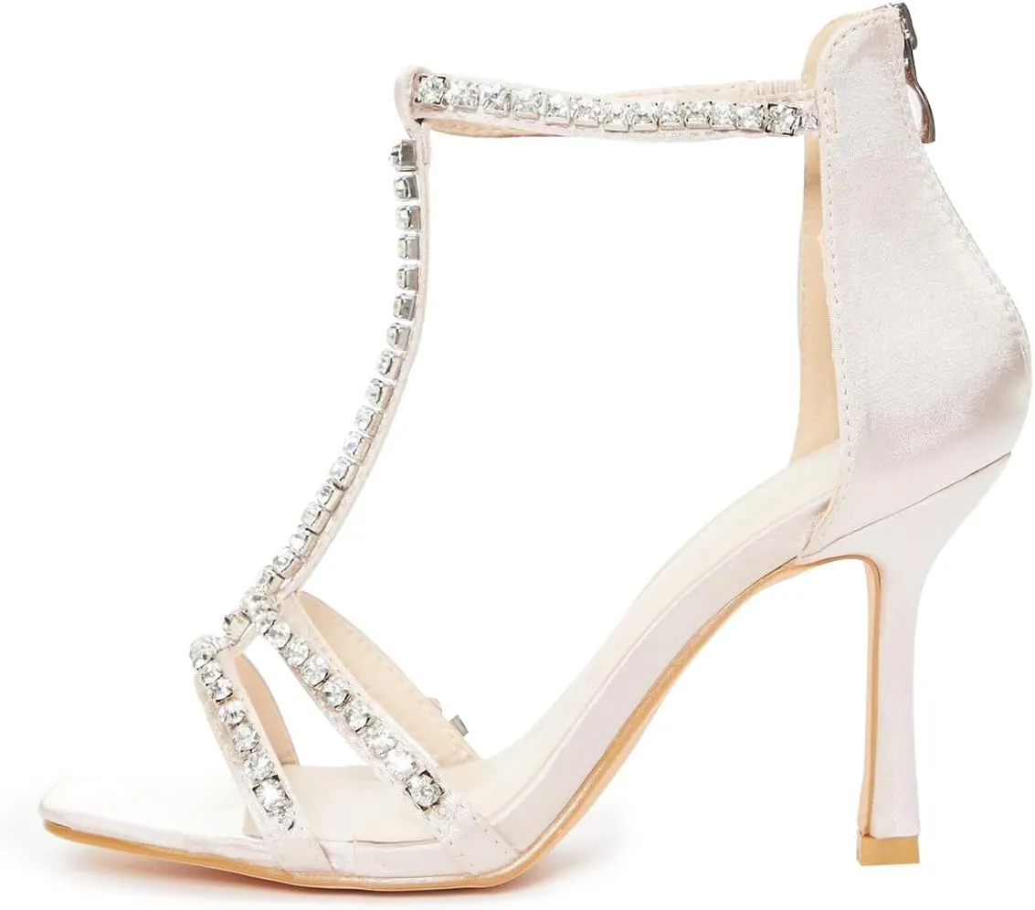 XYD Women Dazzled Rhinestones T-Bar Sandals Square Open Toe High Heels Back Zip Prom Wedding Pump Shoes