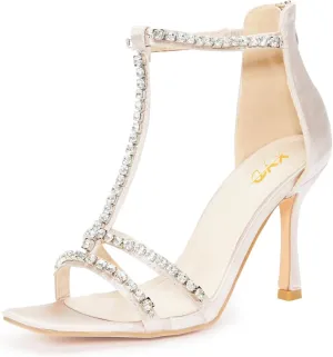 XYD Women Dazzled Rhinestones T-Bar Sandals Square Open Toe High Heels Back Zip Prom Wedding Pump Shoes